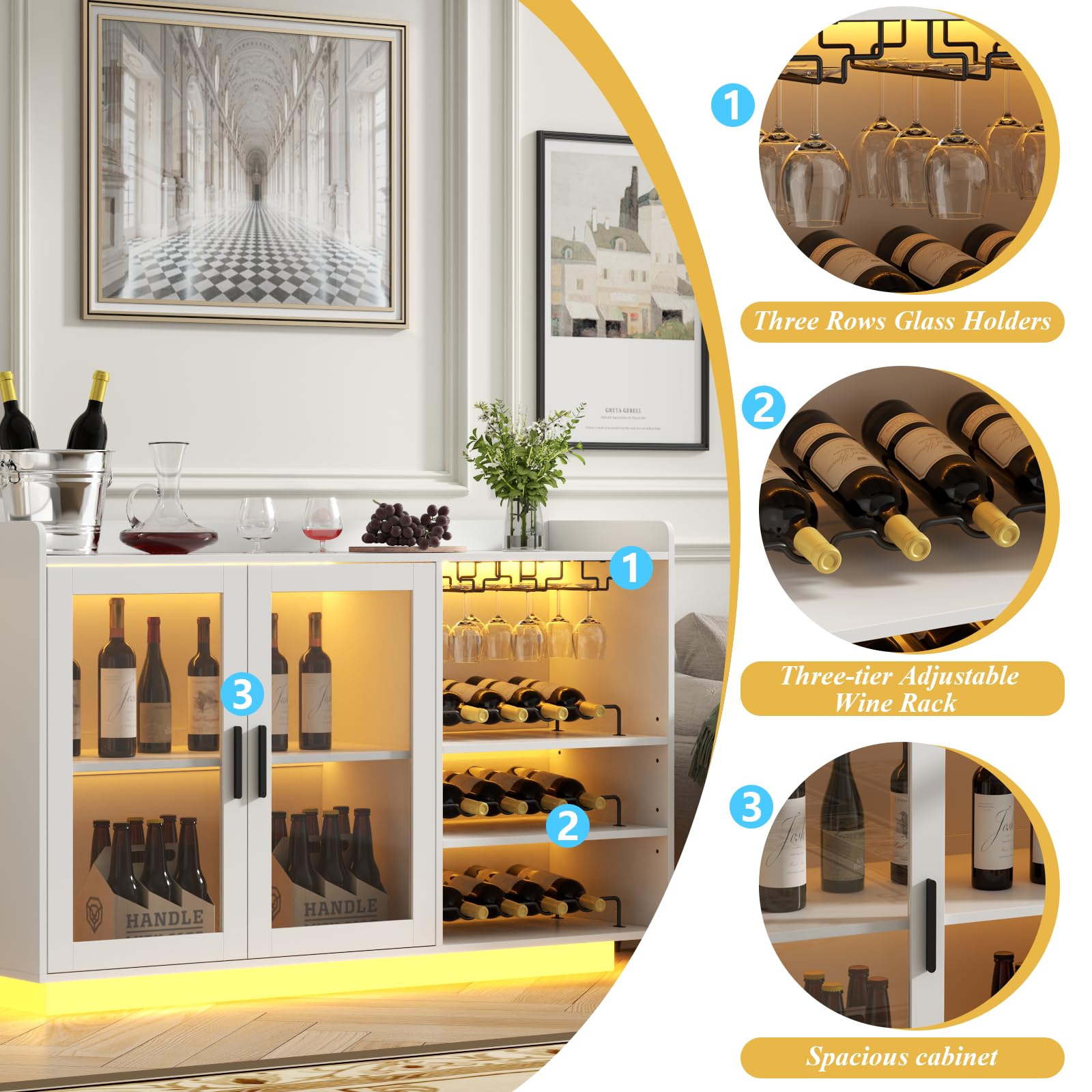 Wine Bar Cabinet with LED Lights and Glass Doors