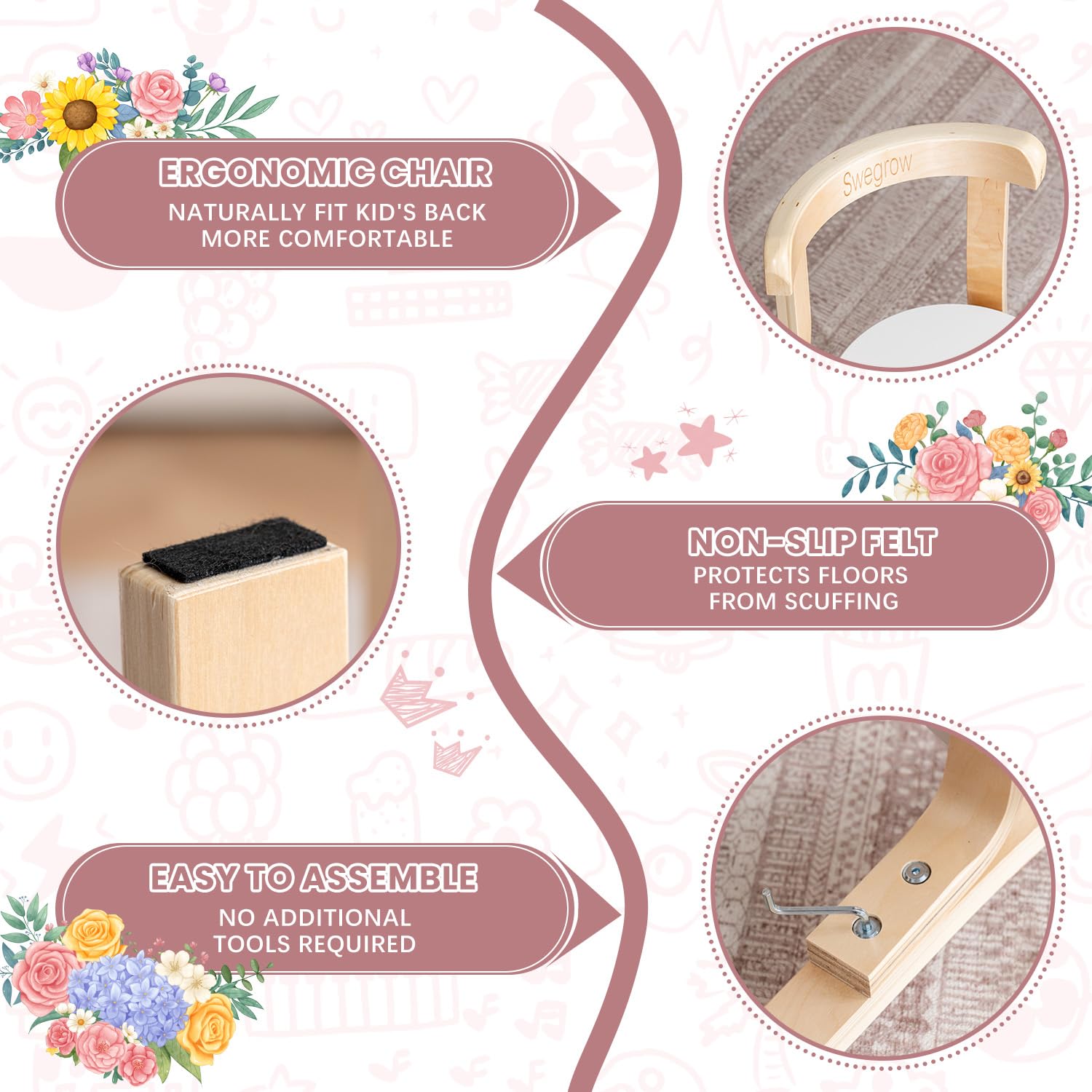 Swegrow Kids Table and 2 Chairs Set, Wooden Table and Chairs for Kids & Toddler，Kid Wooden Furniture for Playroom/Home/Kindergarten