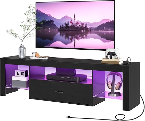 LED TV Stand with Power Outlets and Glass Shelves