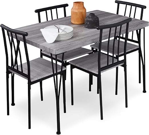 5-Piece Metal and Wood Rectangular Dining Table Set with 4 Chairs