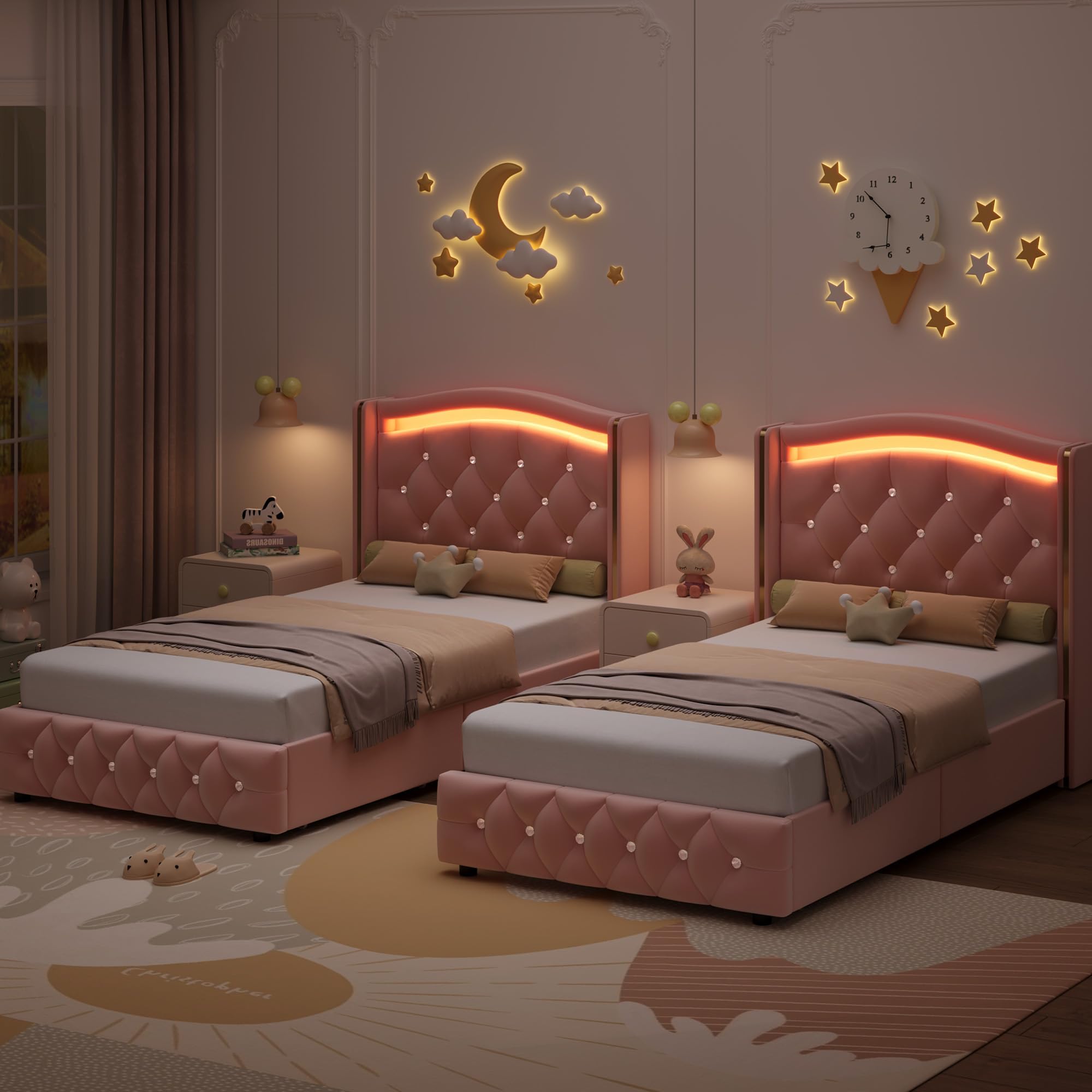 Twin LED Bed Frame with Storage Drawers and Crystal Wingback Headboard