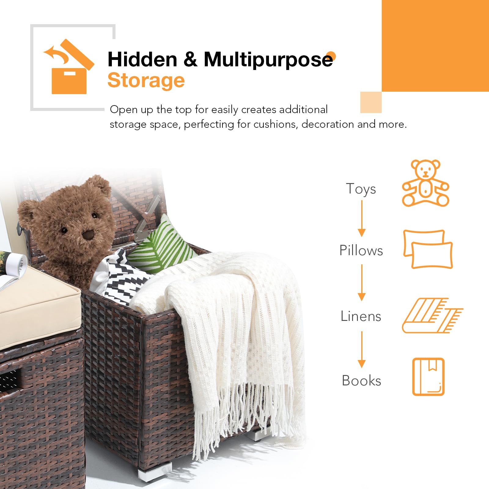 2-Piece Outdoor Patio Storage Ottoman Set - Beige Rattan Wicker