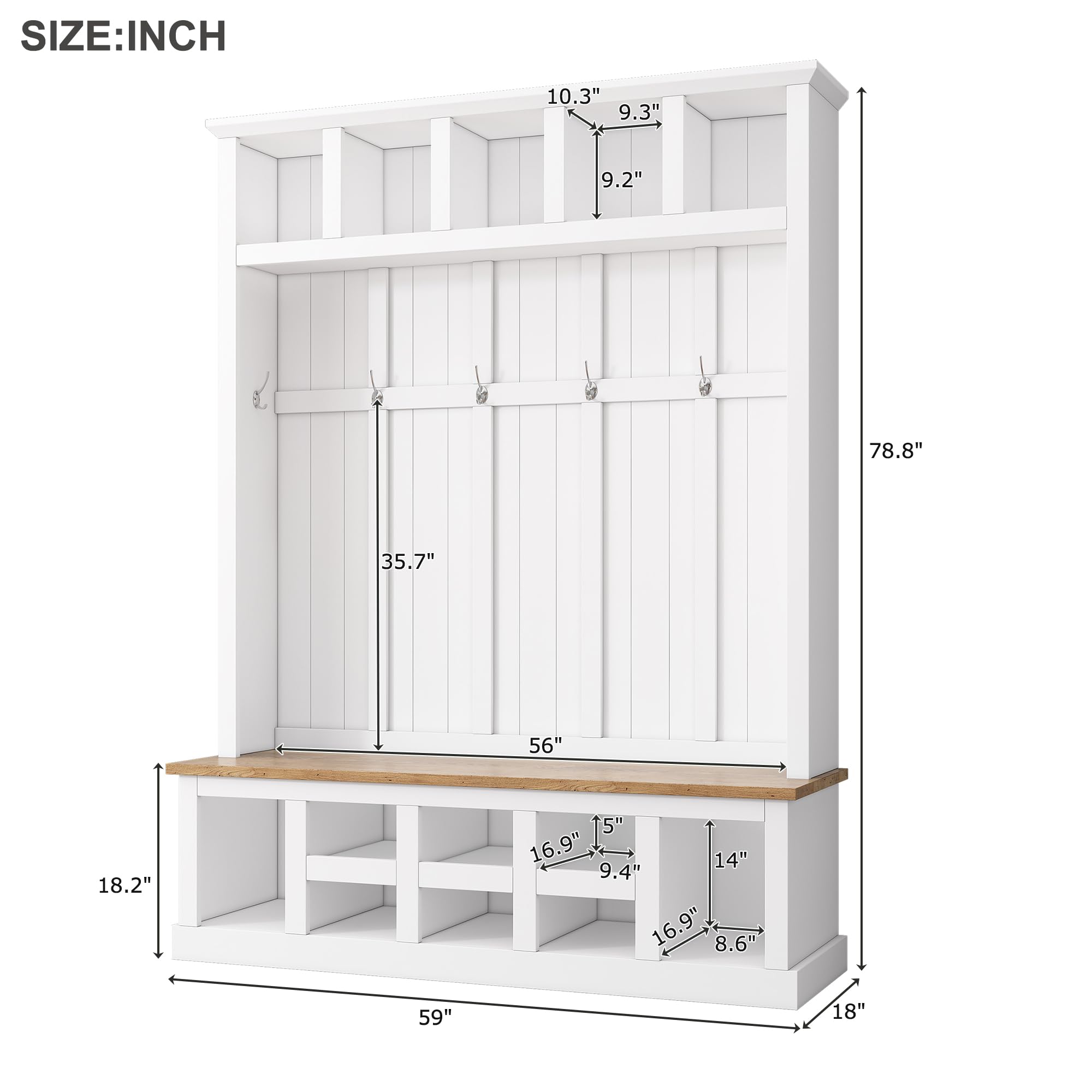 Farmhouse Hall Tree with Bench and Shoe Storage