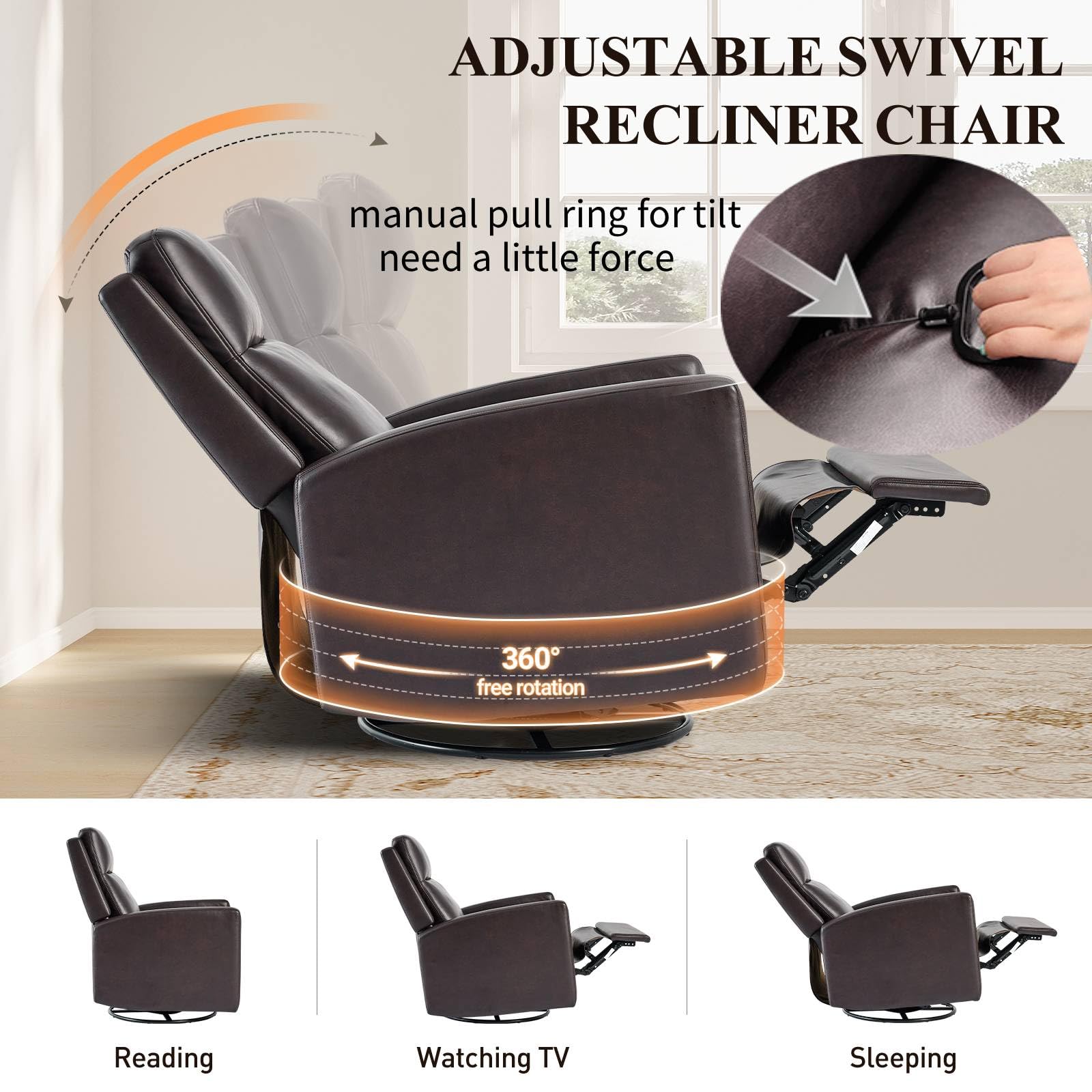 Leather Recliner Chair - Swivel Rocker with Ergonomic High Backrest