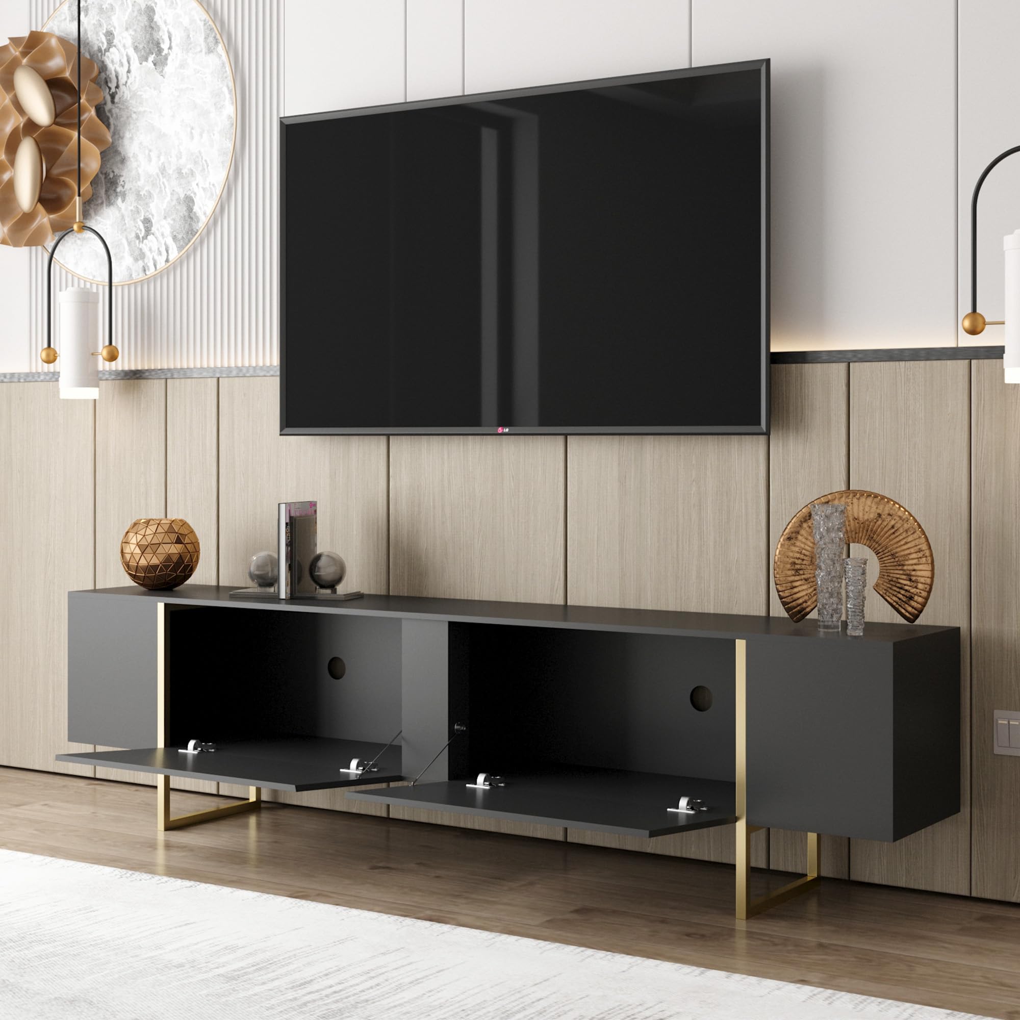 71" TV Stand with Gold Legs and Storage Doors