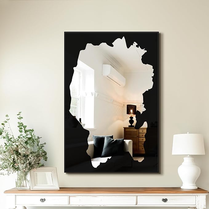 55x28 Full-Length Mirror with Artistic Black Abstract Overlay