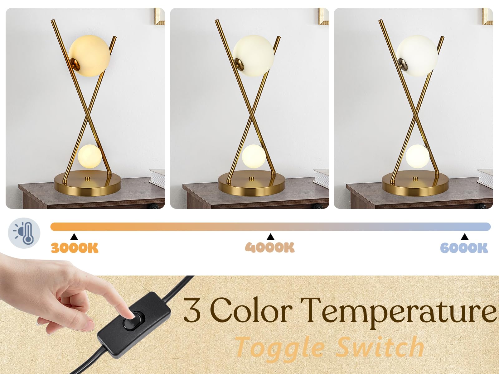 Gold X-Shaped Table Lamp with Globe Glass Shades