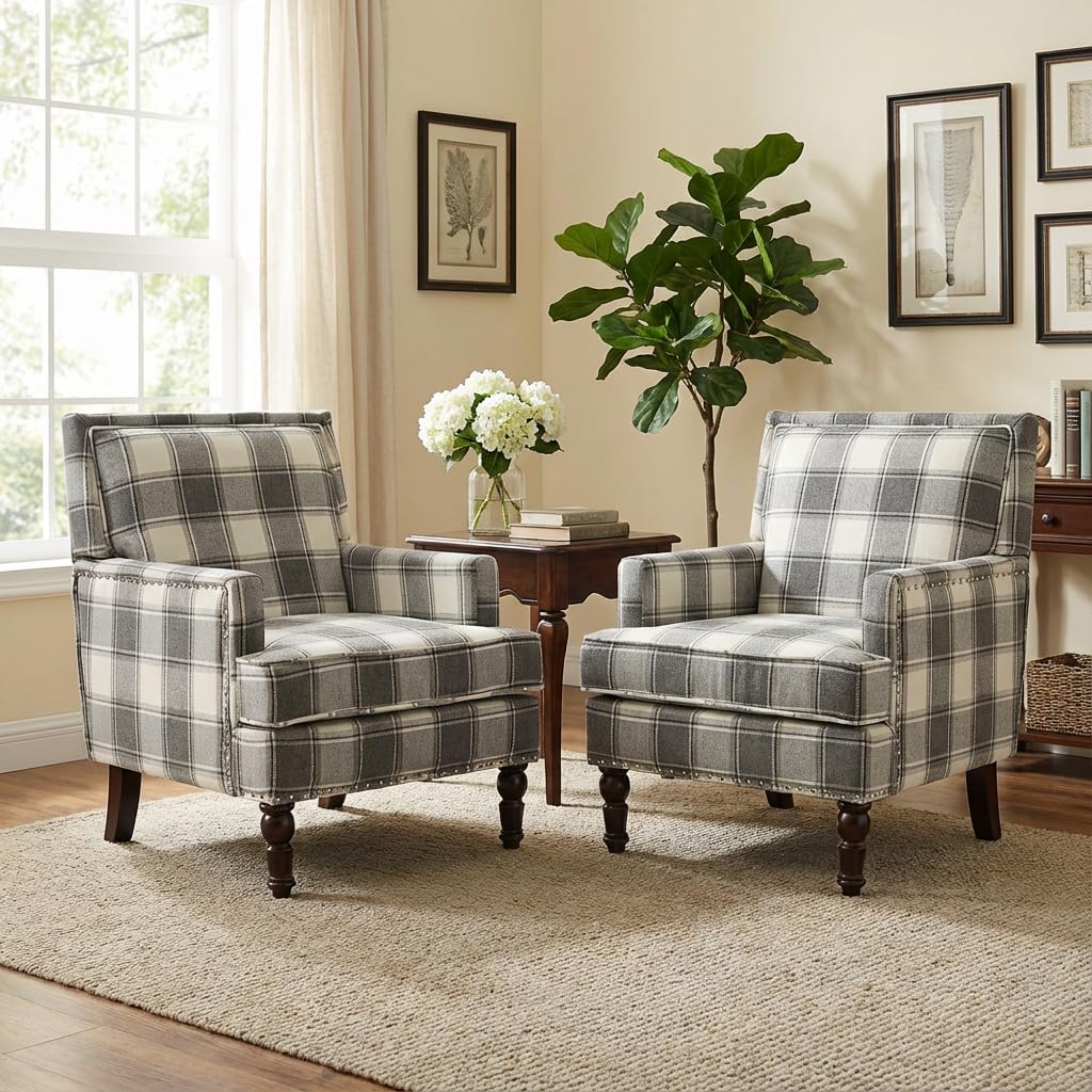 Mid-Century Modern Plaid Accent Chair