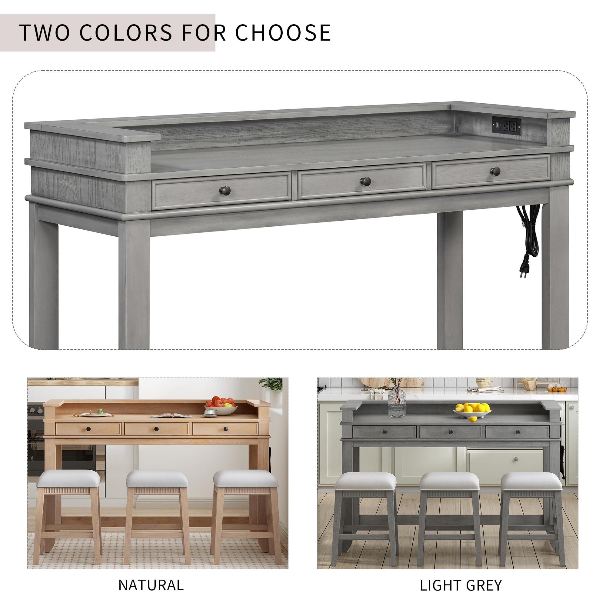 4-Piece Counter Height Dining Set with Charging Station and Storage Drawers