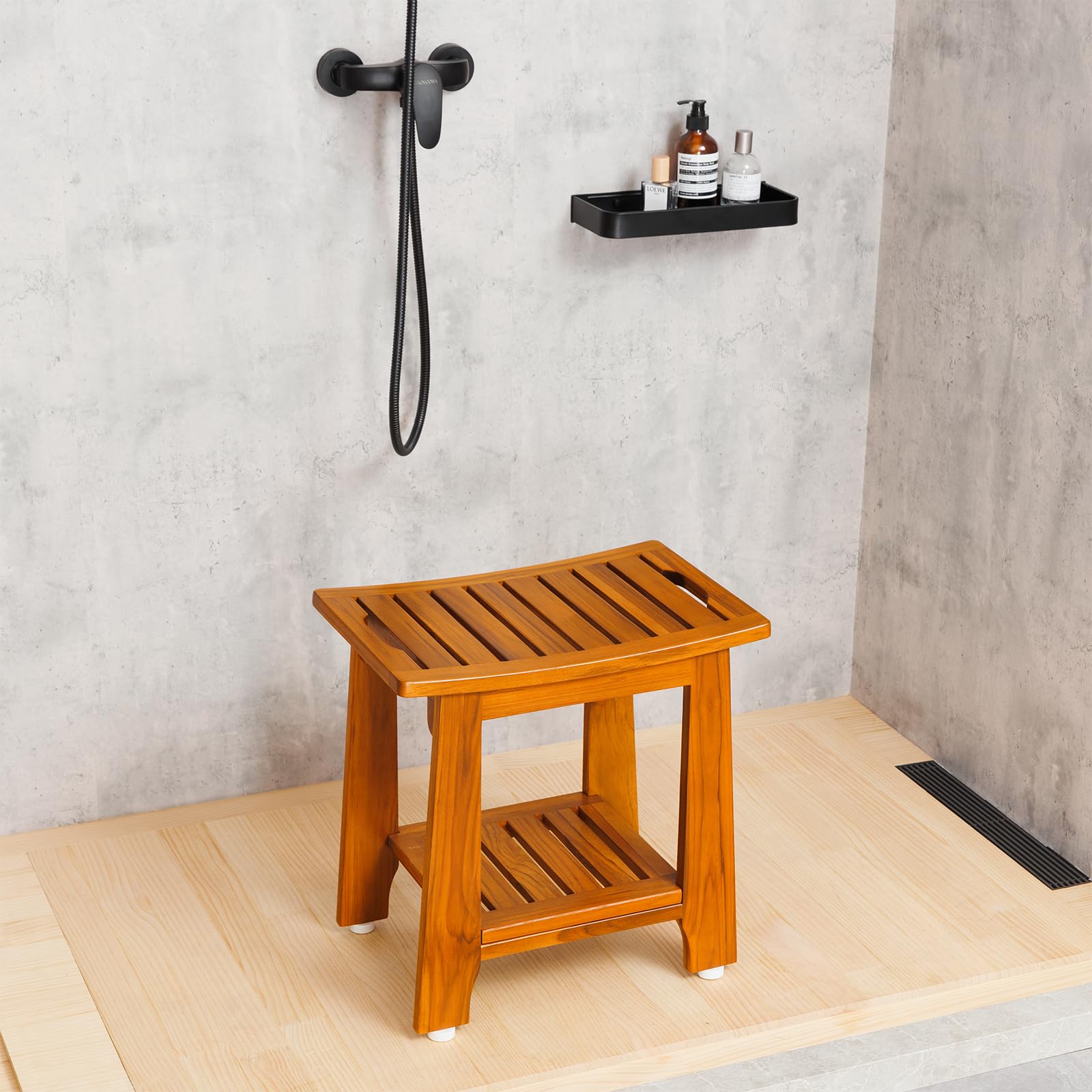Compact Teak Shower Stool with Shelf and Handle