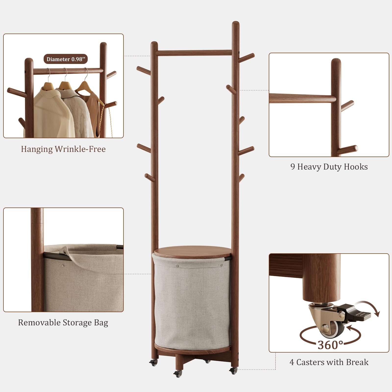 Solid Wood Coat Rack with Fabric Basket and 9 Hooks