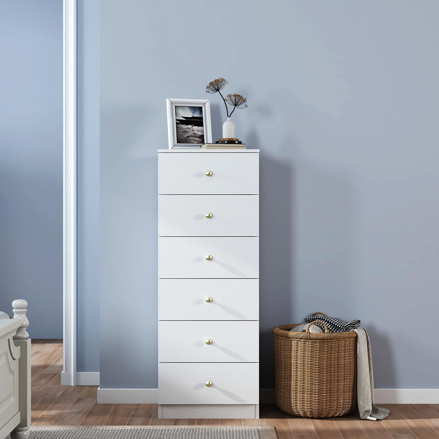 6 Drawer Vertical Dresser with Gold Handles
