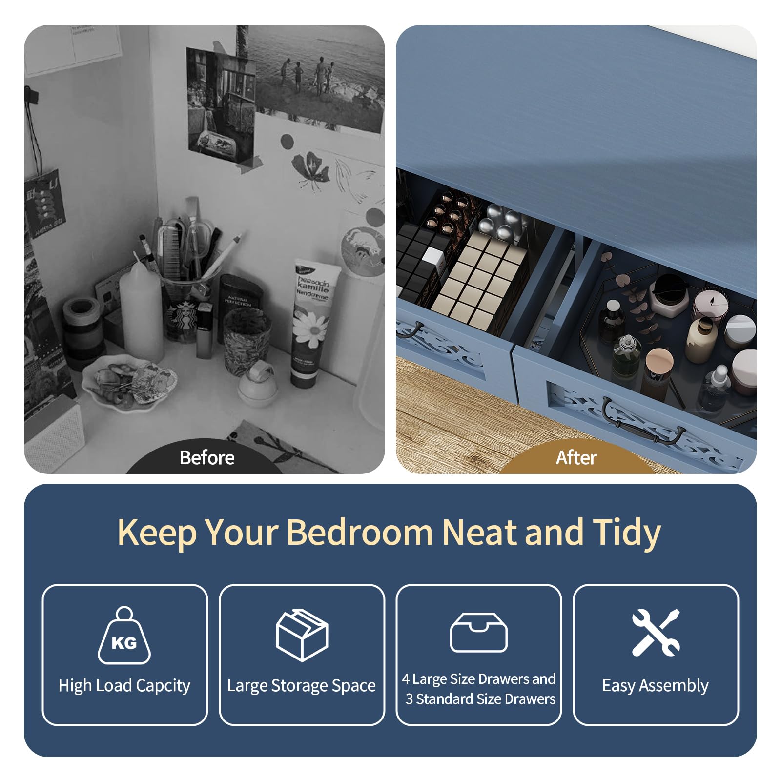 7 Drawers Dresser with Hollow Carved Design - Vintage Wood Chest