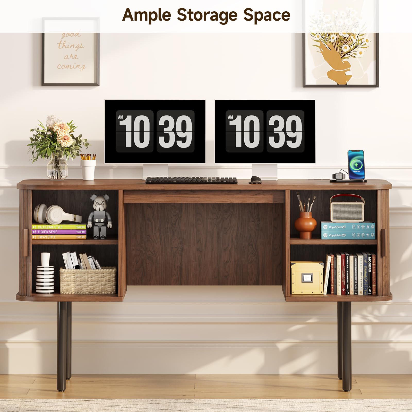 55 Inch Fluted Computer Desk with Charging Station