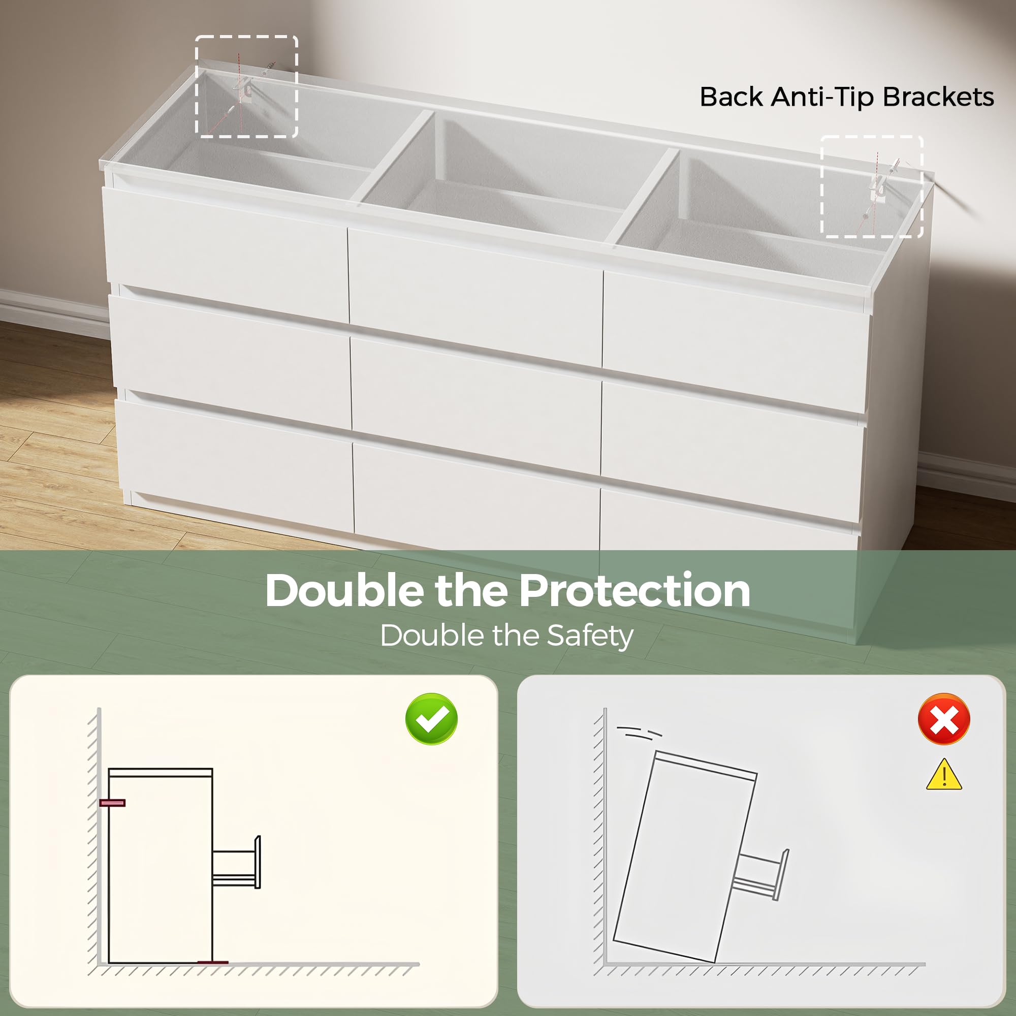 Modern White 9 Drawer Dresser for Bedroom