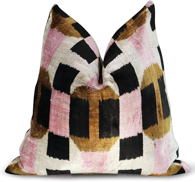 Handmade Pink Brown Geometric Silk Velvet Throw Pillow 16x24