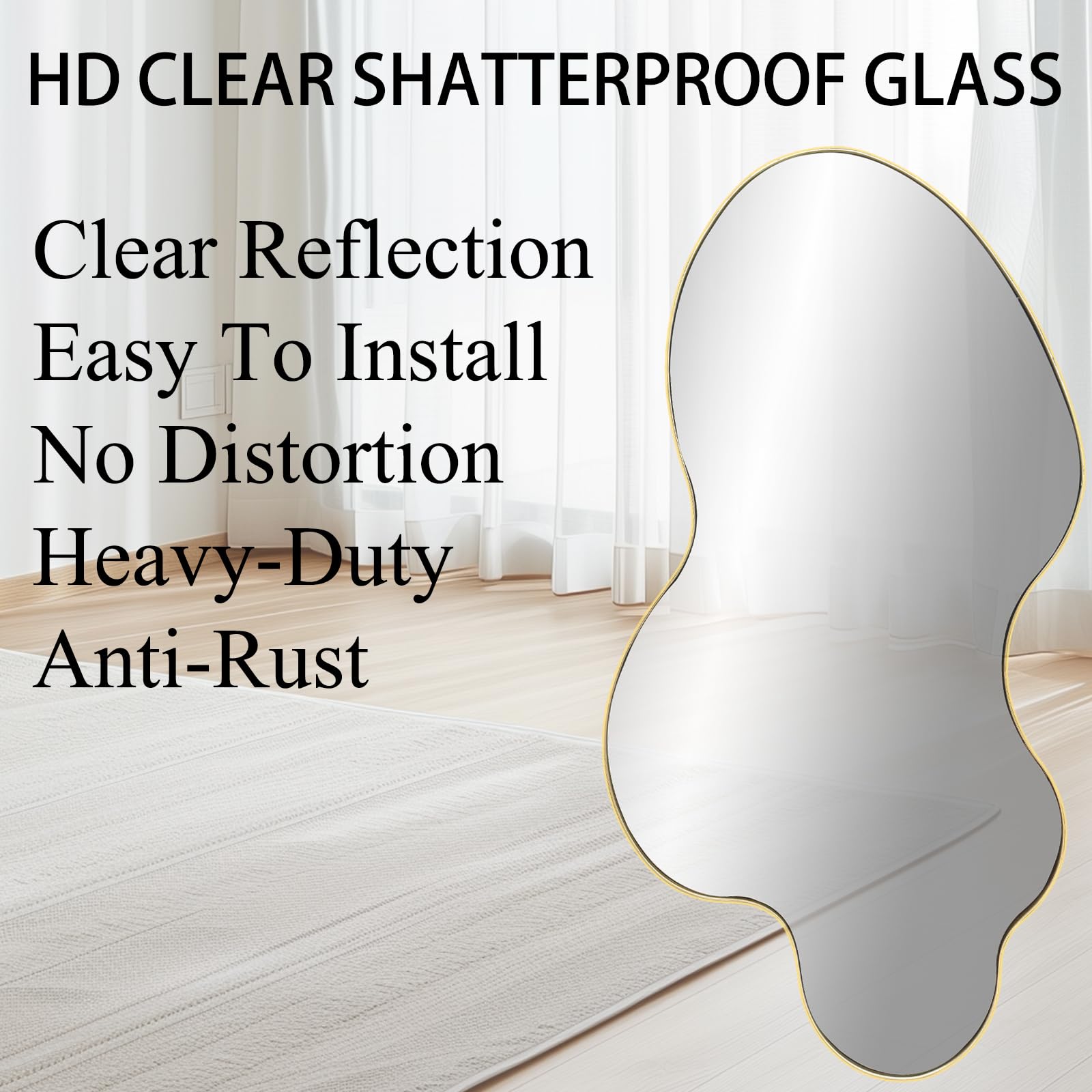 Irregular Asymmetrical Wall Mirror 55x26 with Gold Metal Frame