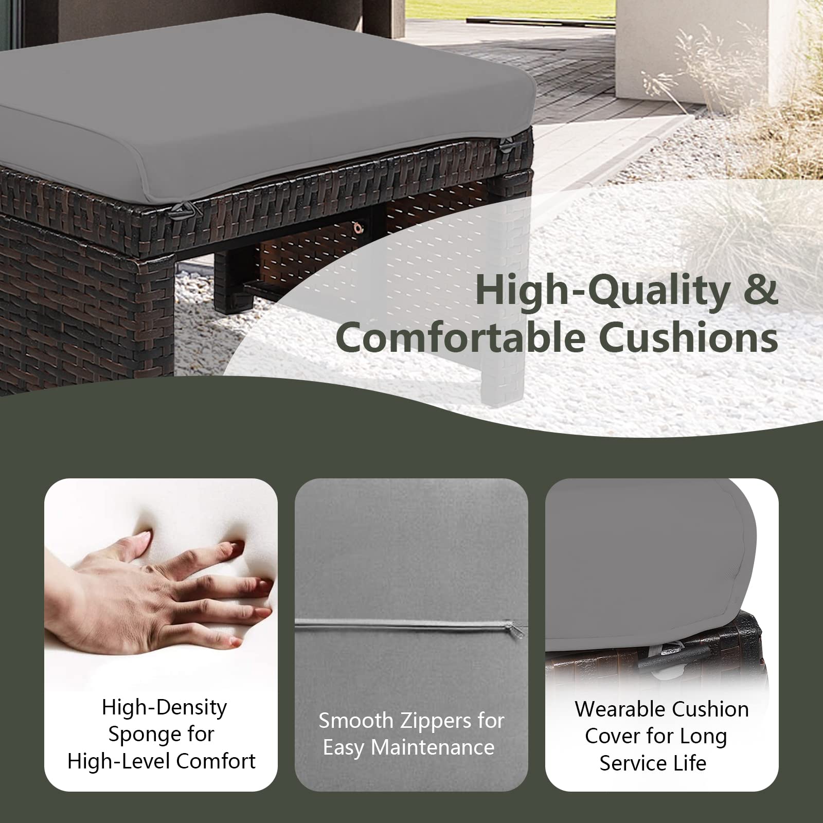 2 Piece Outdoor Wicker Ottomans with Cushions