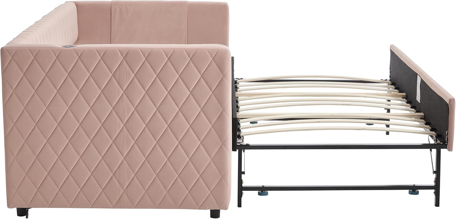 Twin Size Upholstered Daybed with Trundle and Charging Station