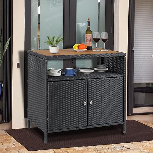 Outdoor Wicker Storage Cabinet with 2-Door and Shelf