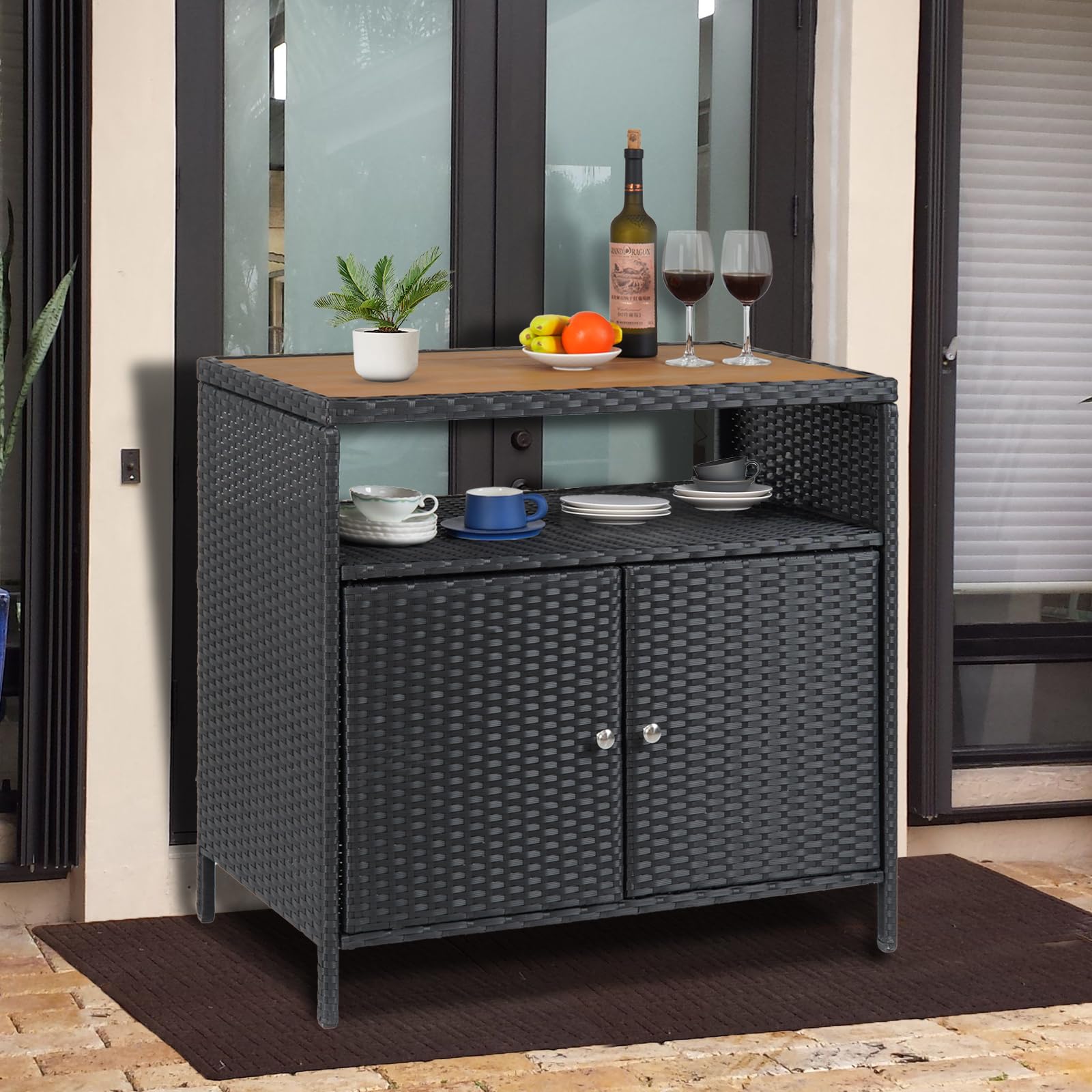 Patio Outdoor Wicker Storage Cabinet with Shelf