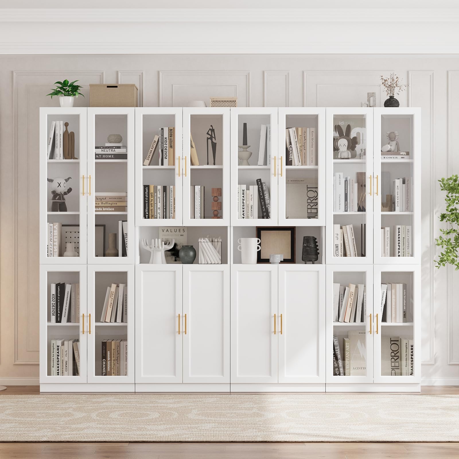 White Bookcase with Glass Doors and Drawers