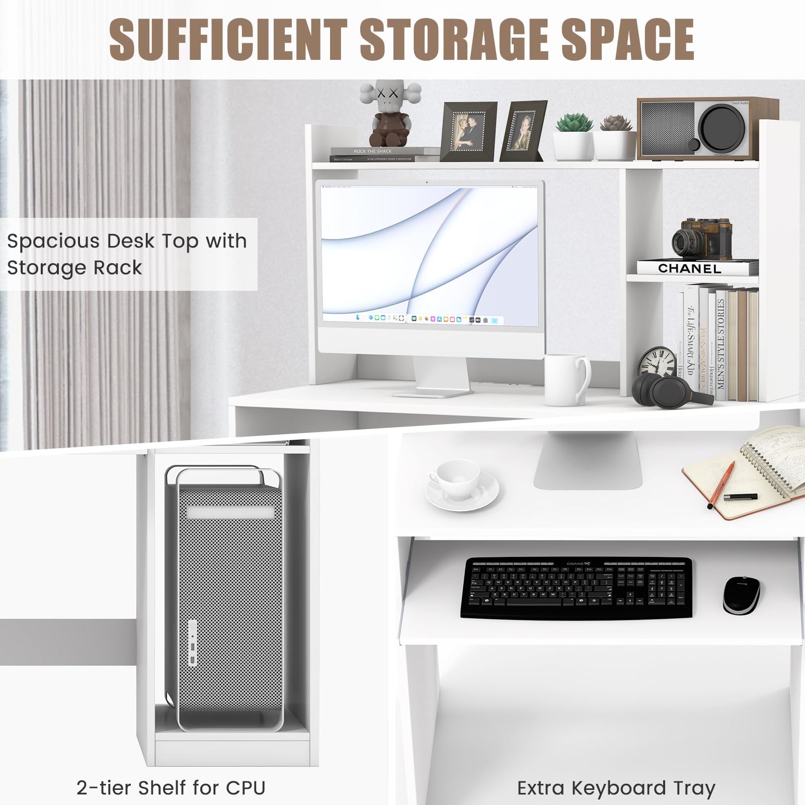 White Modern Computer Desk with Storage Shelf and Hutch