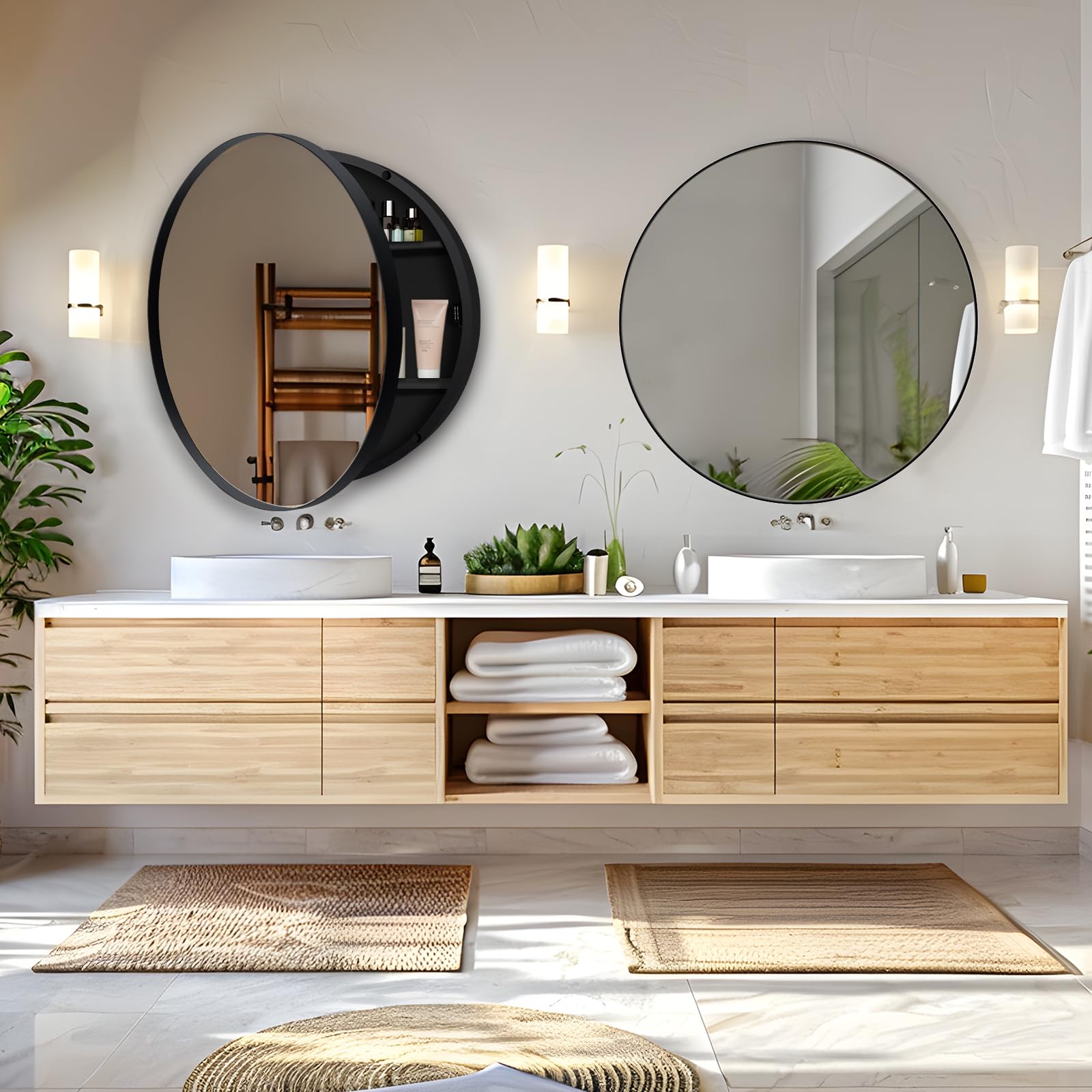 24 Inch Round Medicine Cabinet with Mirror - Black Metal Frame