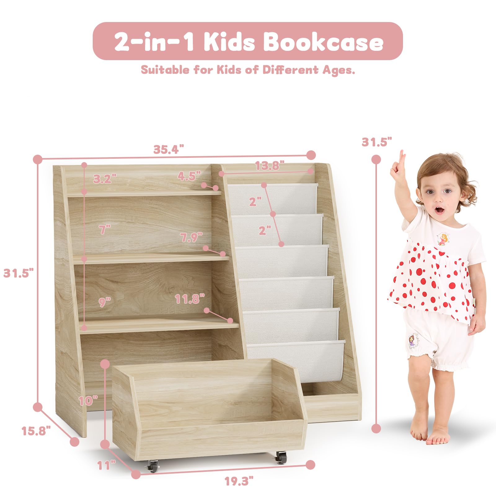 Kids Bookshelf and Toy Storage 4 Tier with Movable Drawer