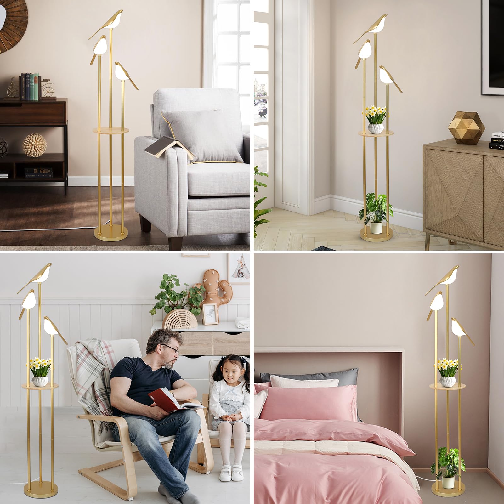 Modern Gold Floor Lamp with Shelves and LED Bird Lights