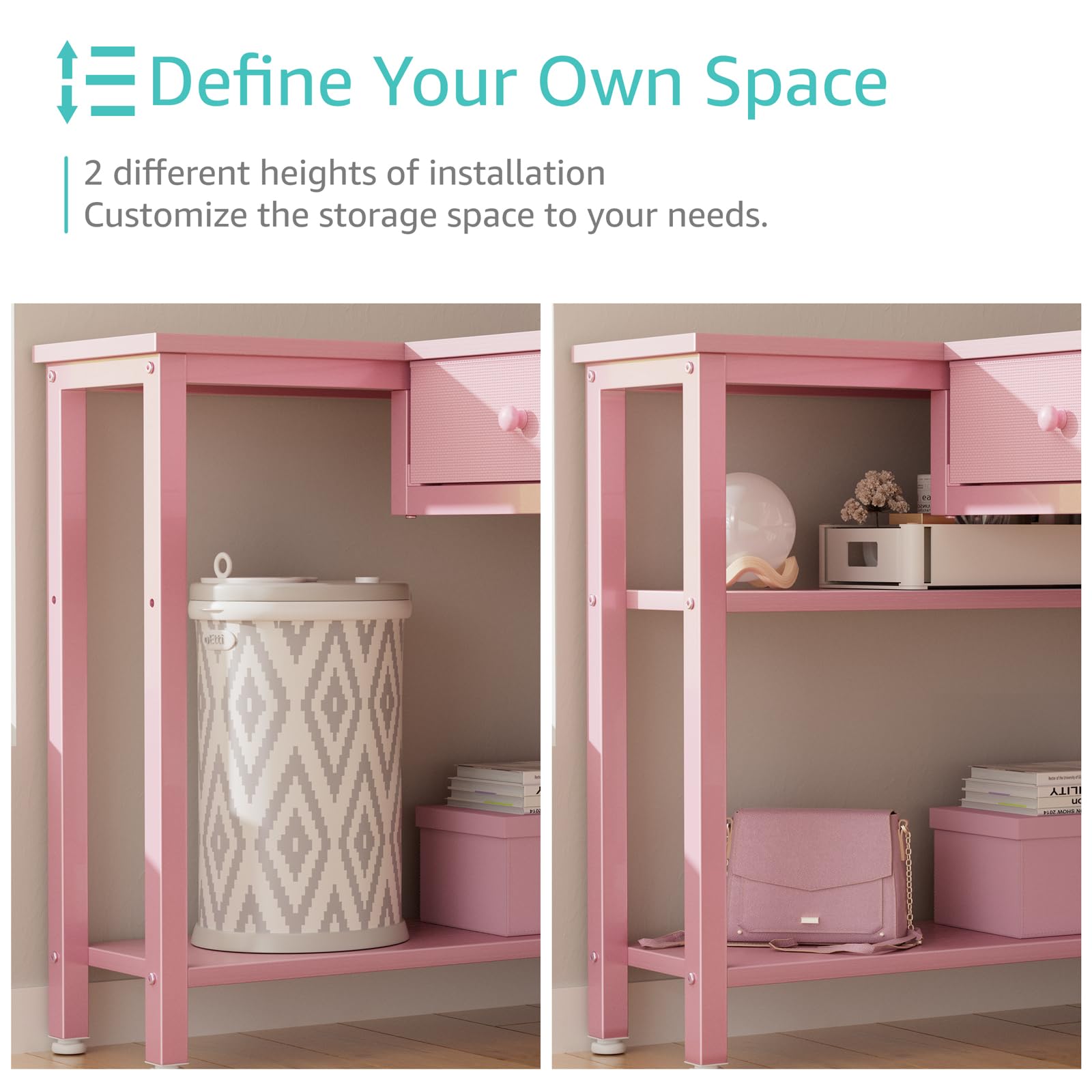 Pink Reversible L-Shaped Desk with Drawers and Shelves