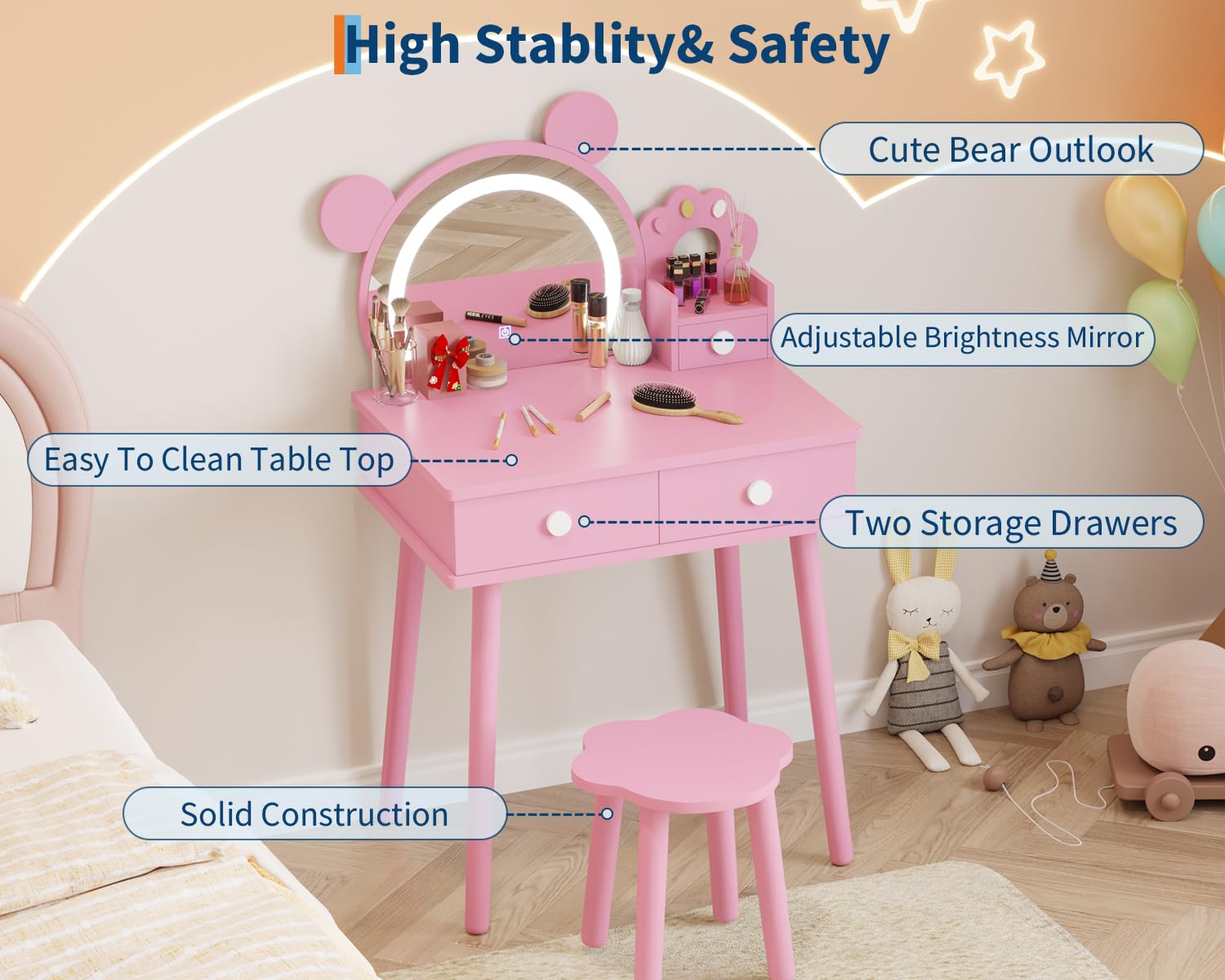 Bear-Shaped Toddler Vanity Set with LED Mirror