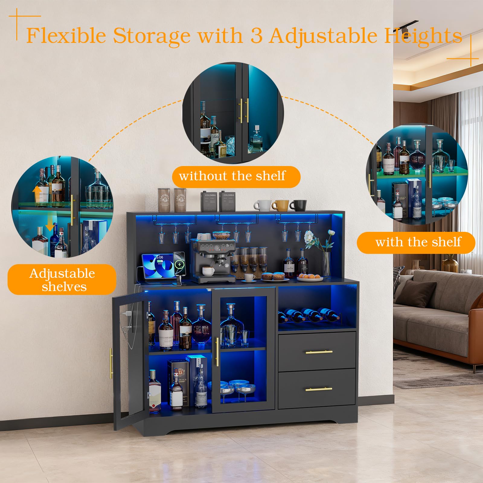 RGB LED Bar Cabinet with Wine Rack