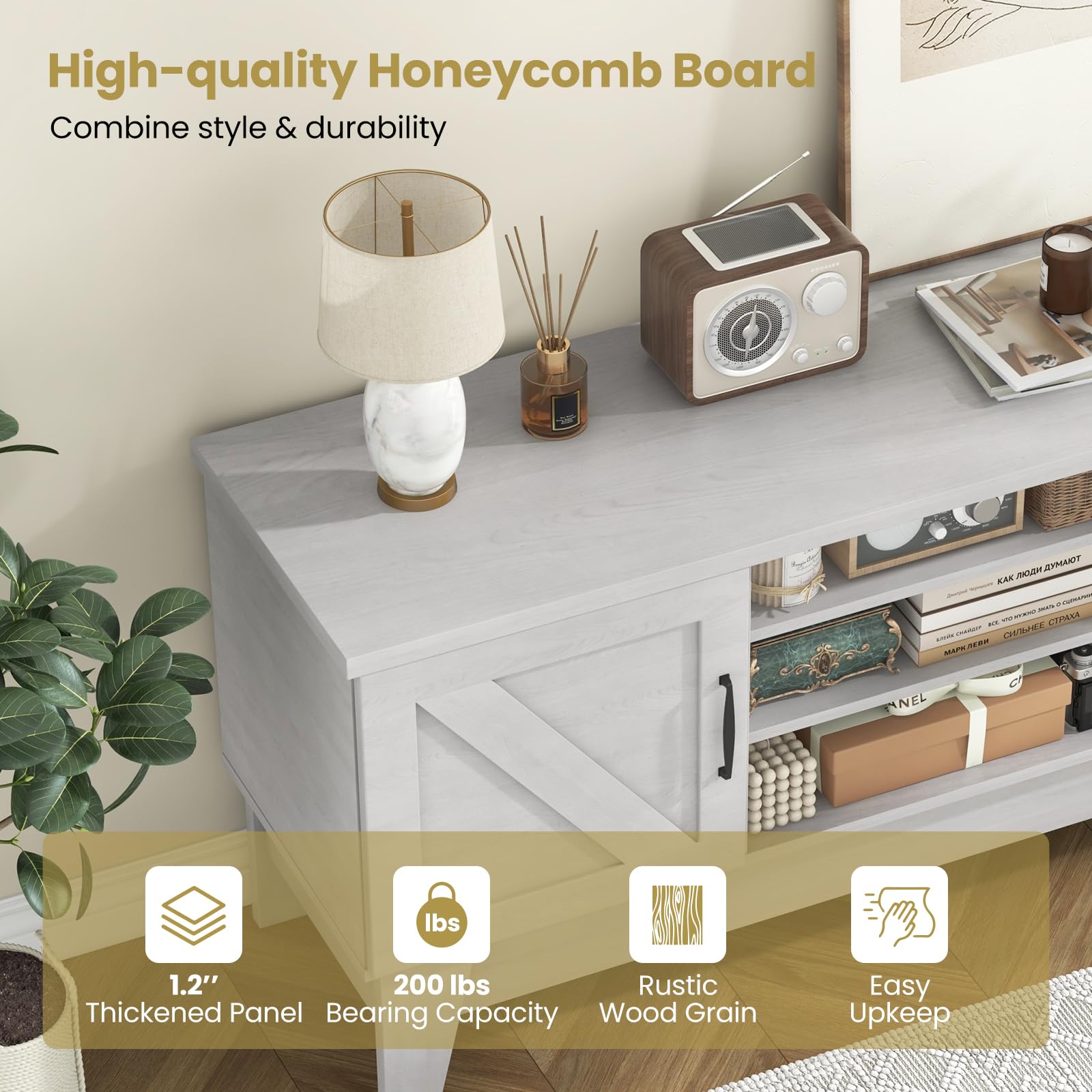 Farmhouse TV Stand for 65 Inch TVs with Barn Door Cabinets