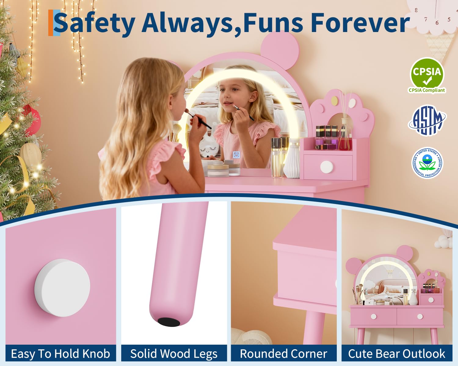 Bear-Shaped Toddler Vanity Set with LED Mirror