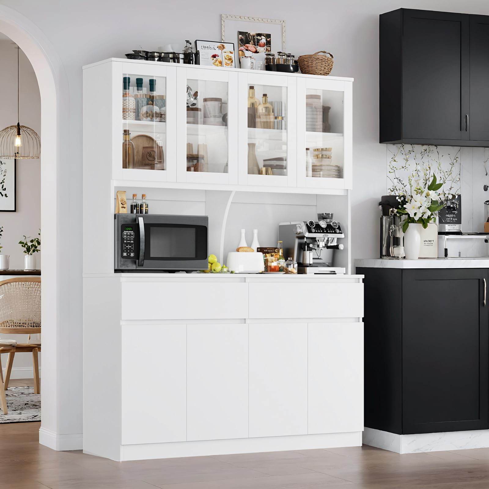 Kitchen Pantry Storage Cabinet with Glass Doors