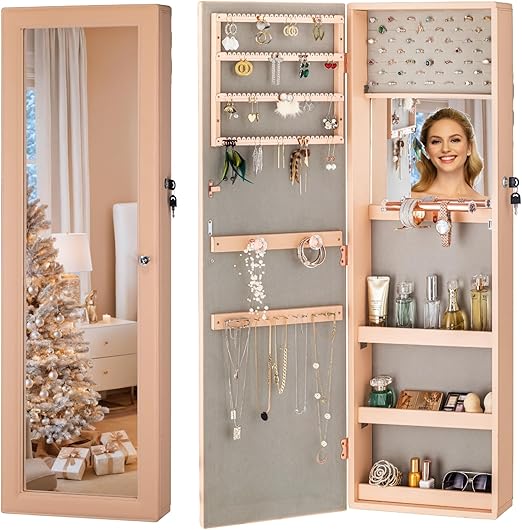 Wall Mounted Mirror Jewelry Cabinet with LED Lights
