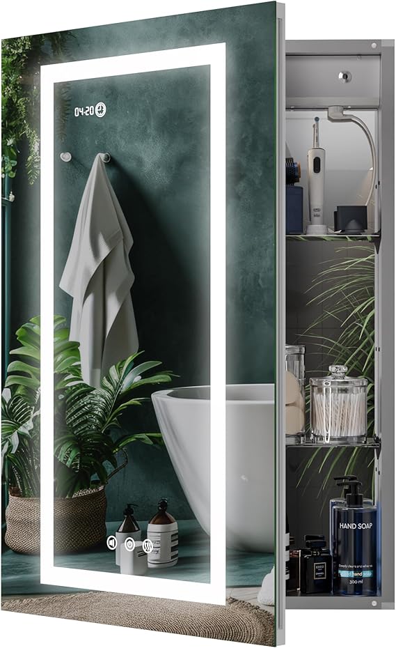 LED Lighted Medicine Cabinet with Clock, Temperature Display & USB Outlets