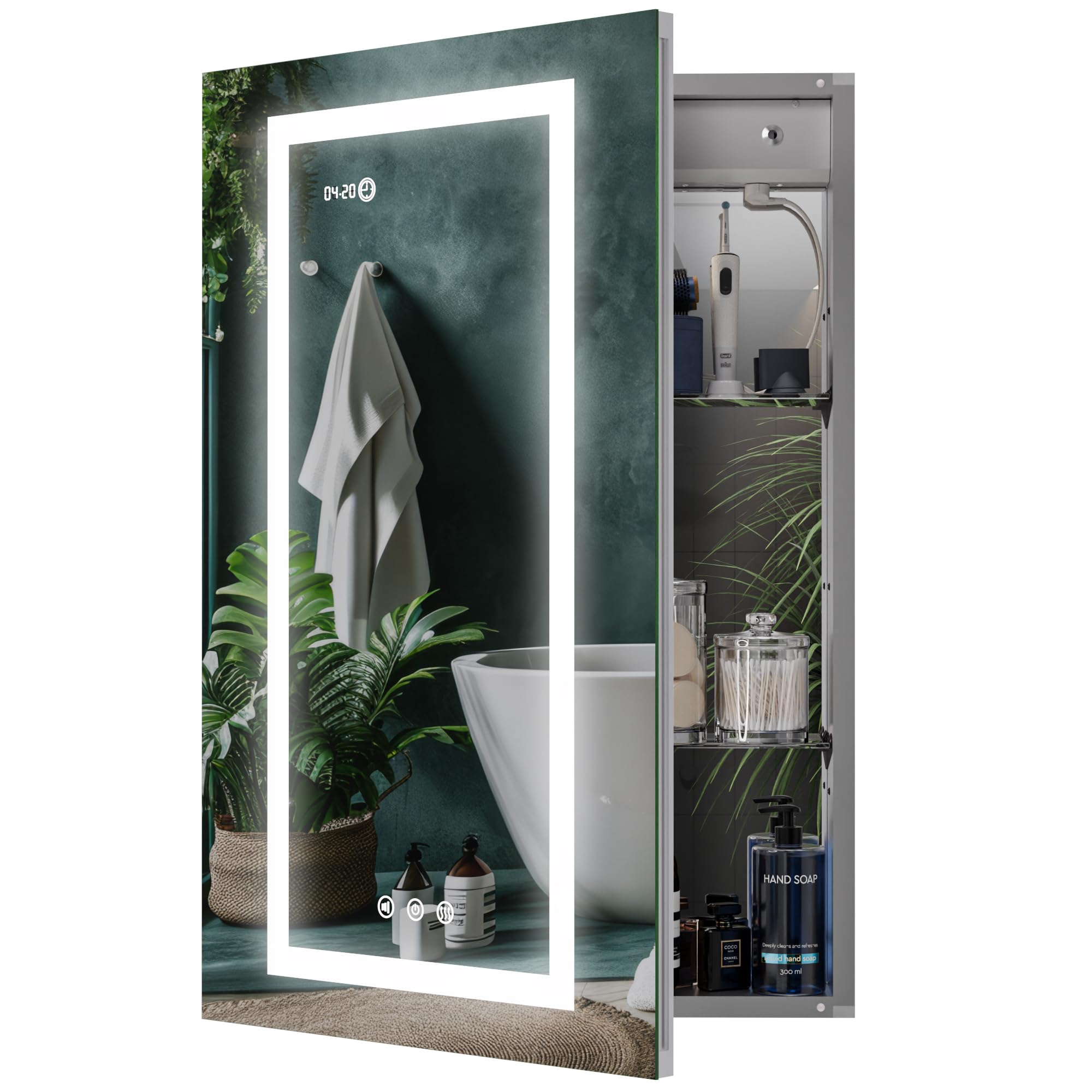 LED Lighted Medicine Cabinet with Clock, Temperature Display & USB Outlets