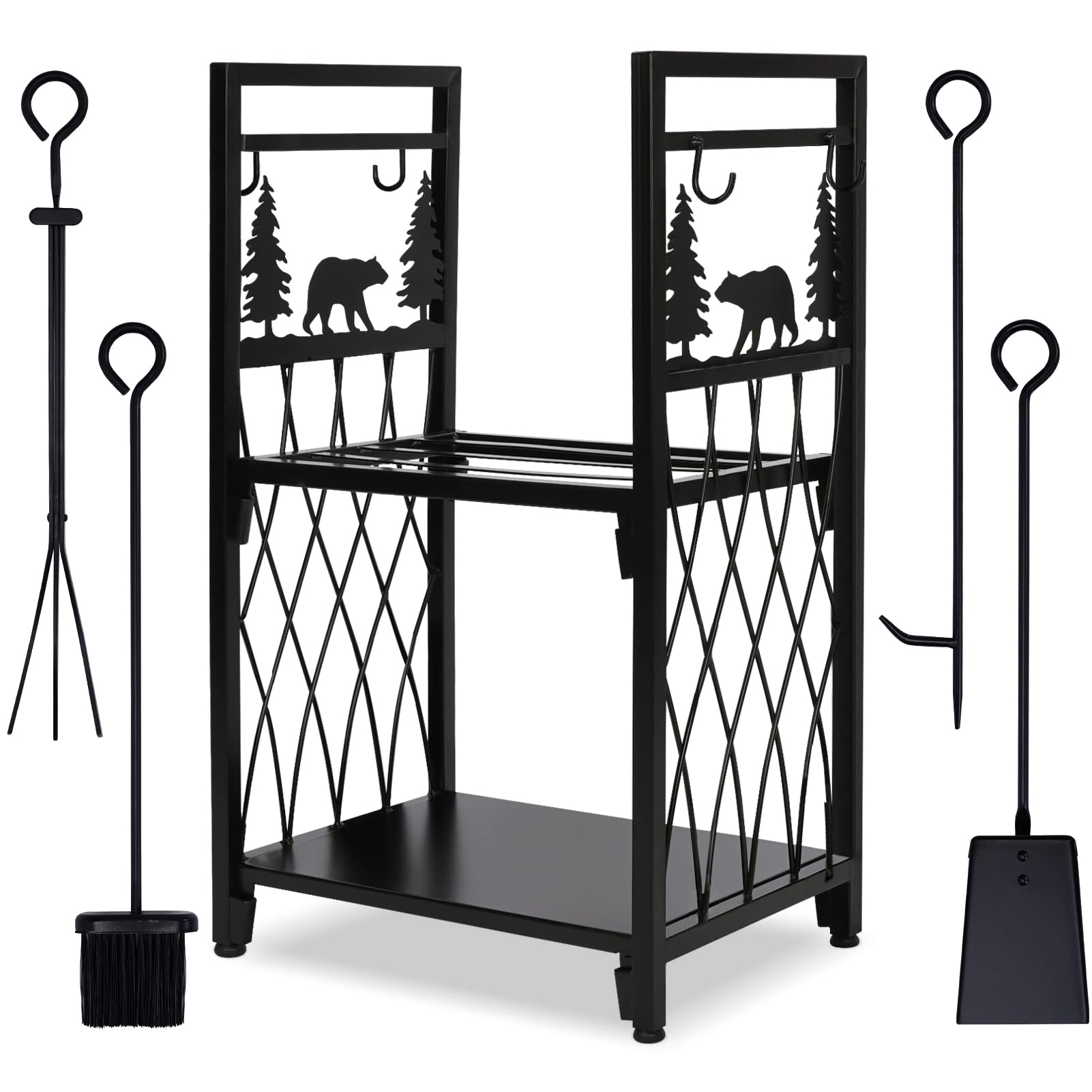 Firewood Rack with 4 Fireplace Tools