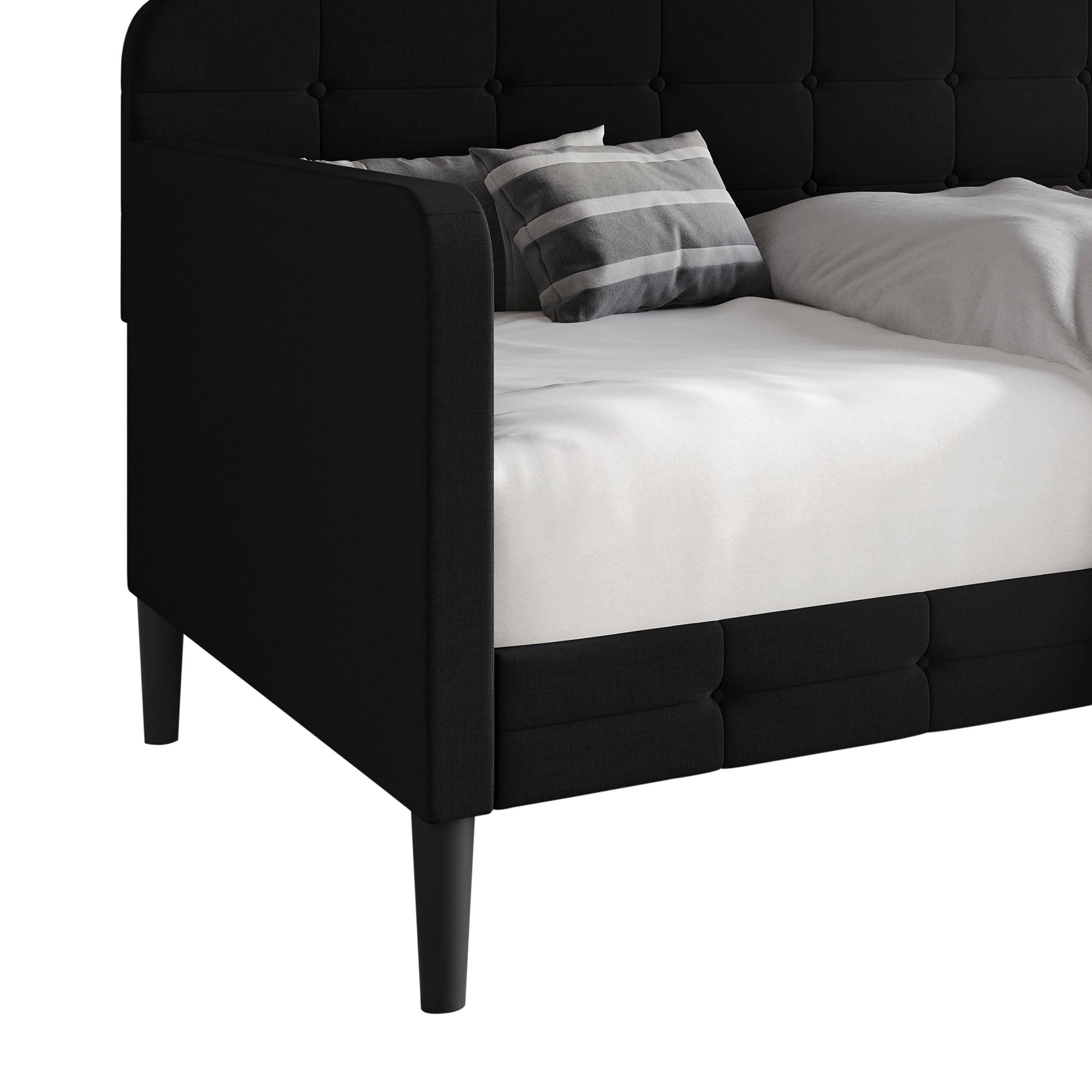Fallon Linen Upholstered Button Tufted Daybed with Square Recessed Arms - Black