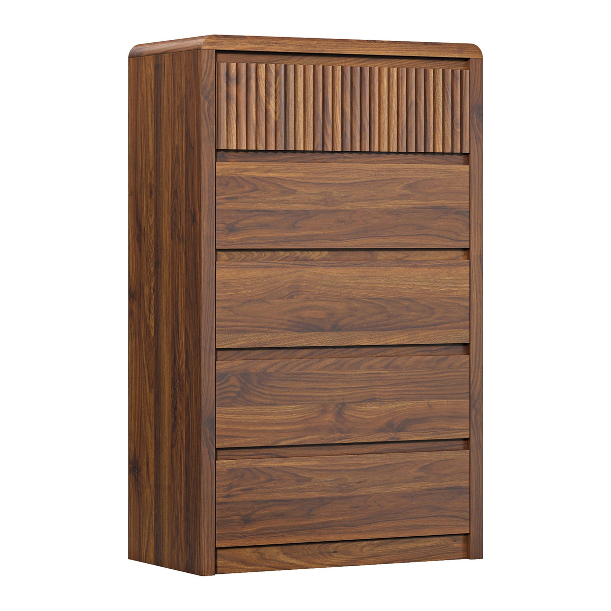 5-Drawer Tall Fluted Dresser with Curved Edges – Walnut Bedroom Chest of Drawers, 48"