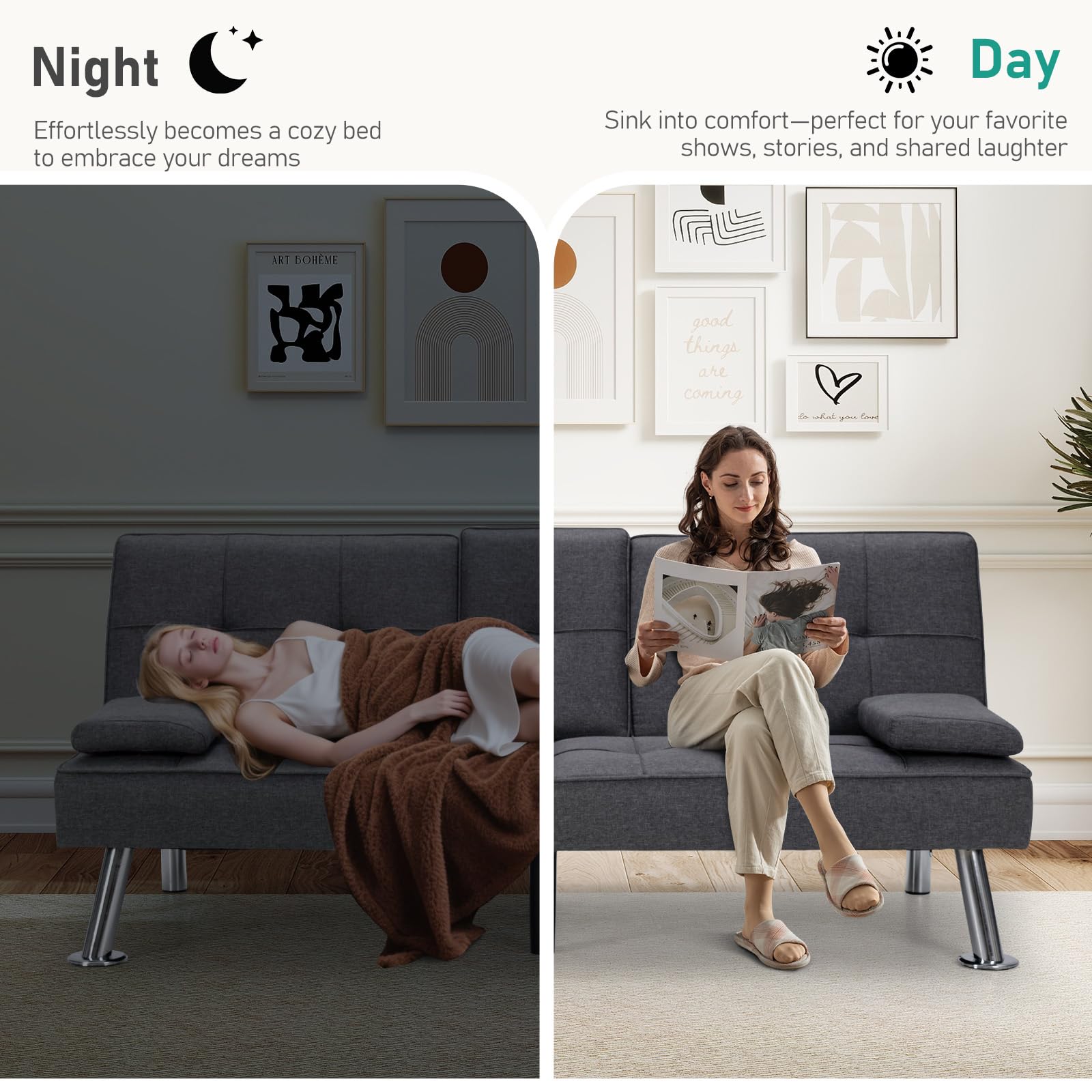 Futon Sofa Bed with Cup Holders and USB Charging Port