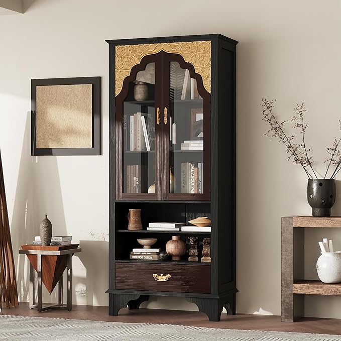 70.9" Kitchen Pantry Cabinet with Glass Doors and Drawer