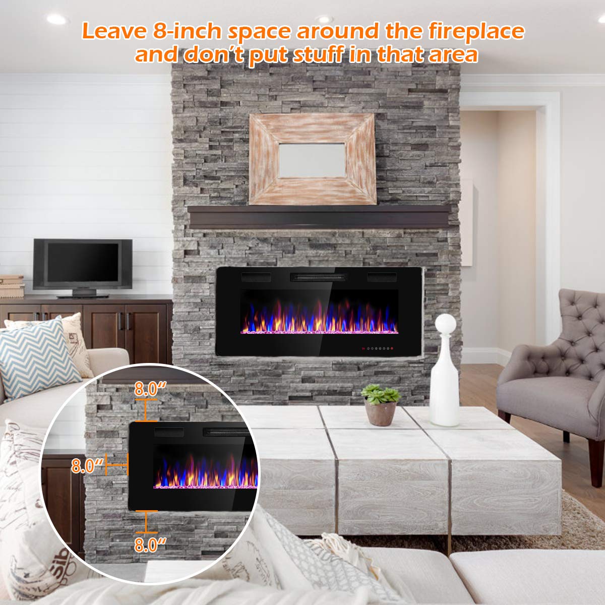 42 Inch Recessed Electric Fireplace Wall Mounted Heater