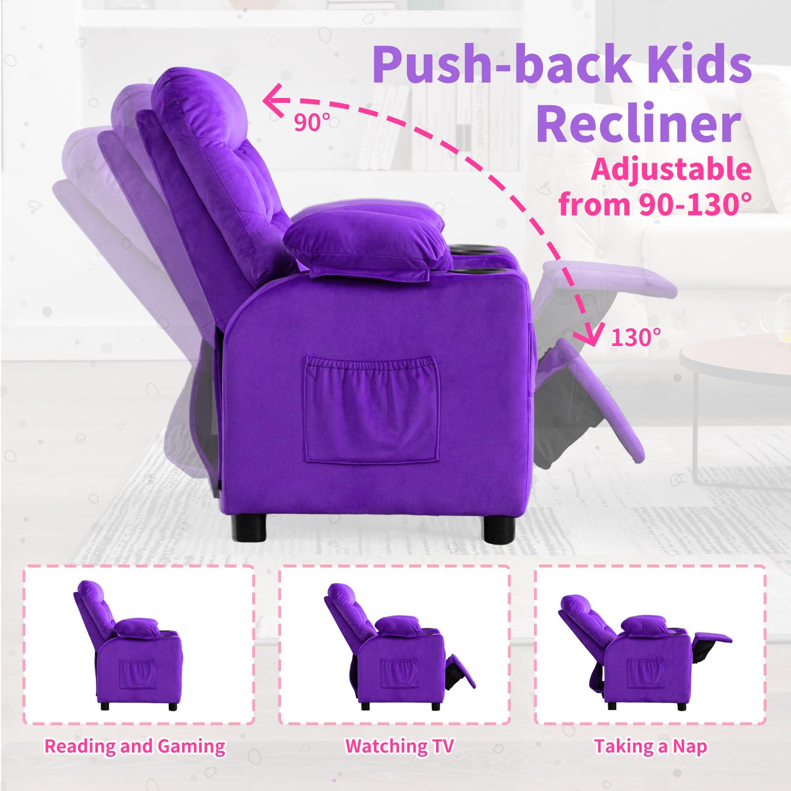 Kids Recliner, Toddlers Kids Recliner Chair with Cup Holder, Ergonomic Adjustable Velvet Lounge Chair with Footrest & Side Pockets, Toddlers Baby Sofa for Boys Girls Bedroom (Purple)