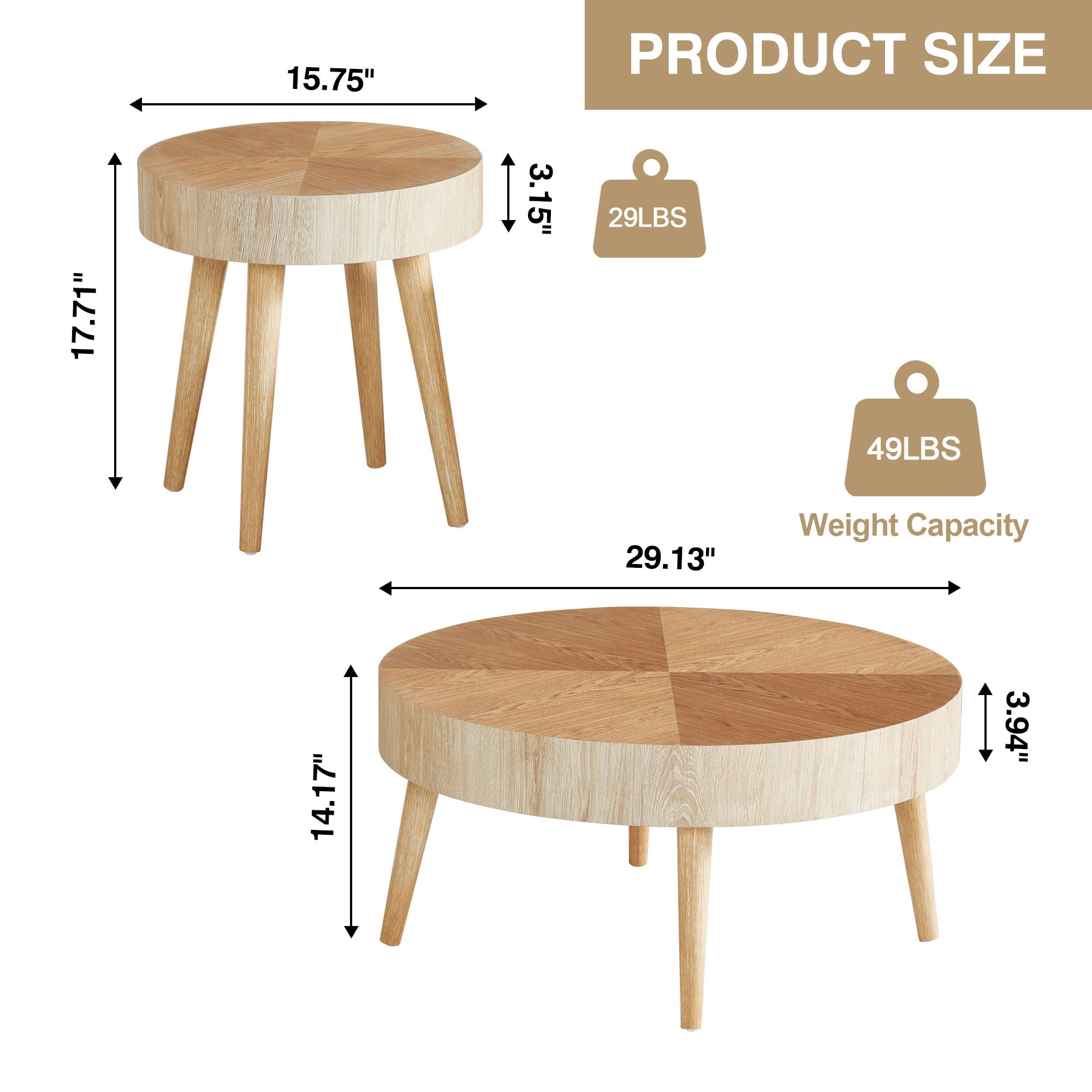 2-Piece Round Wood Coffee Table Set