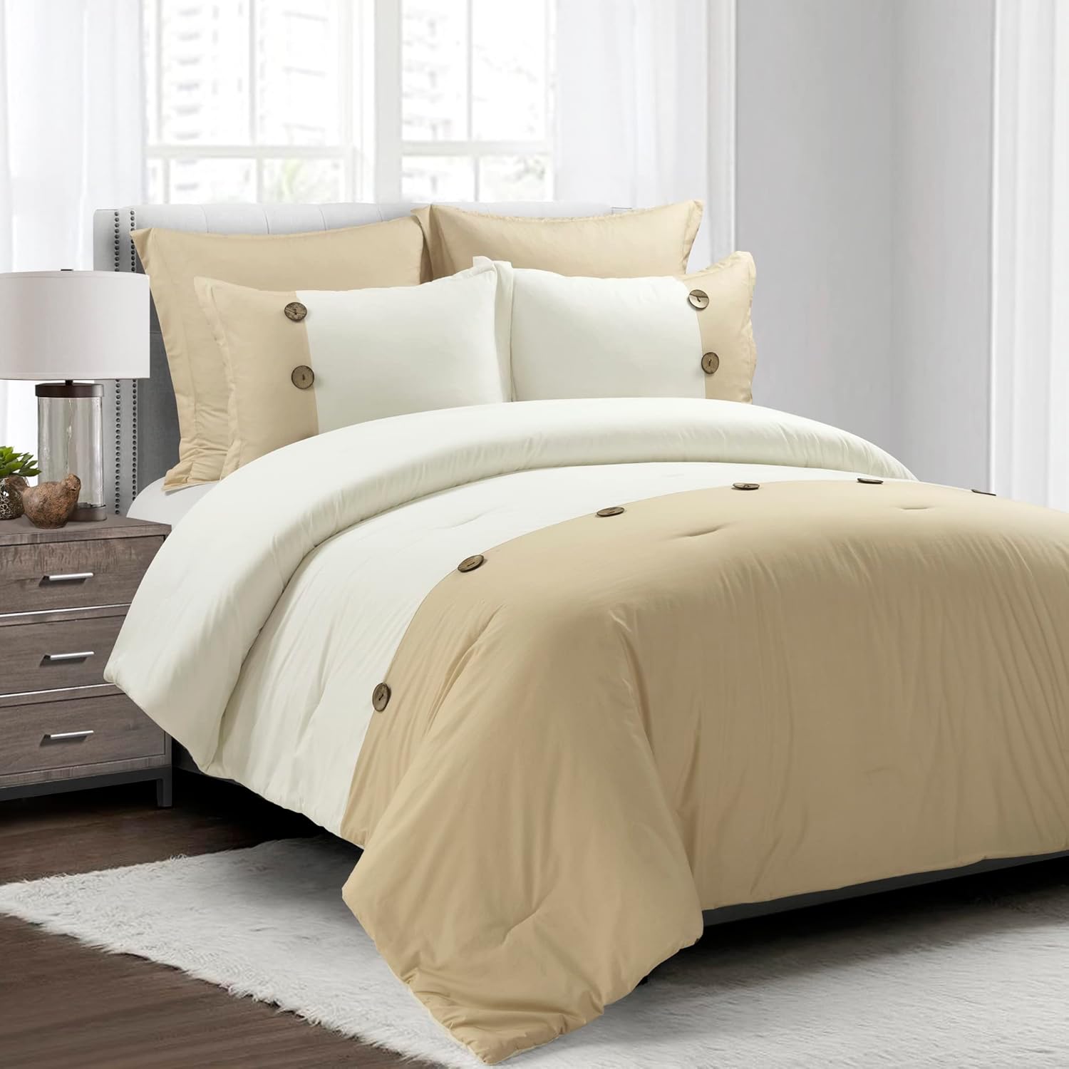 Linen Button Farmhouse 5 Piece Comforter Set Full Queen Navy