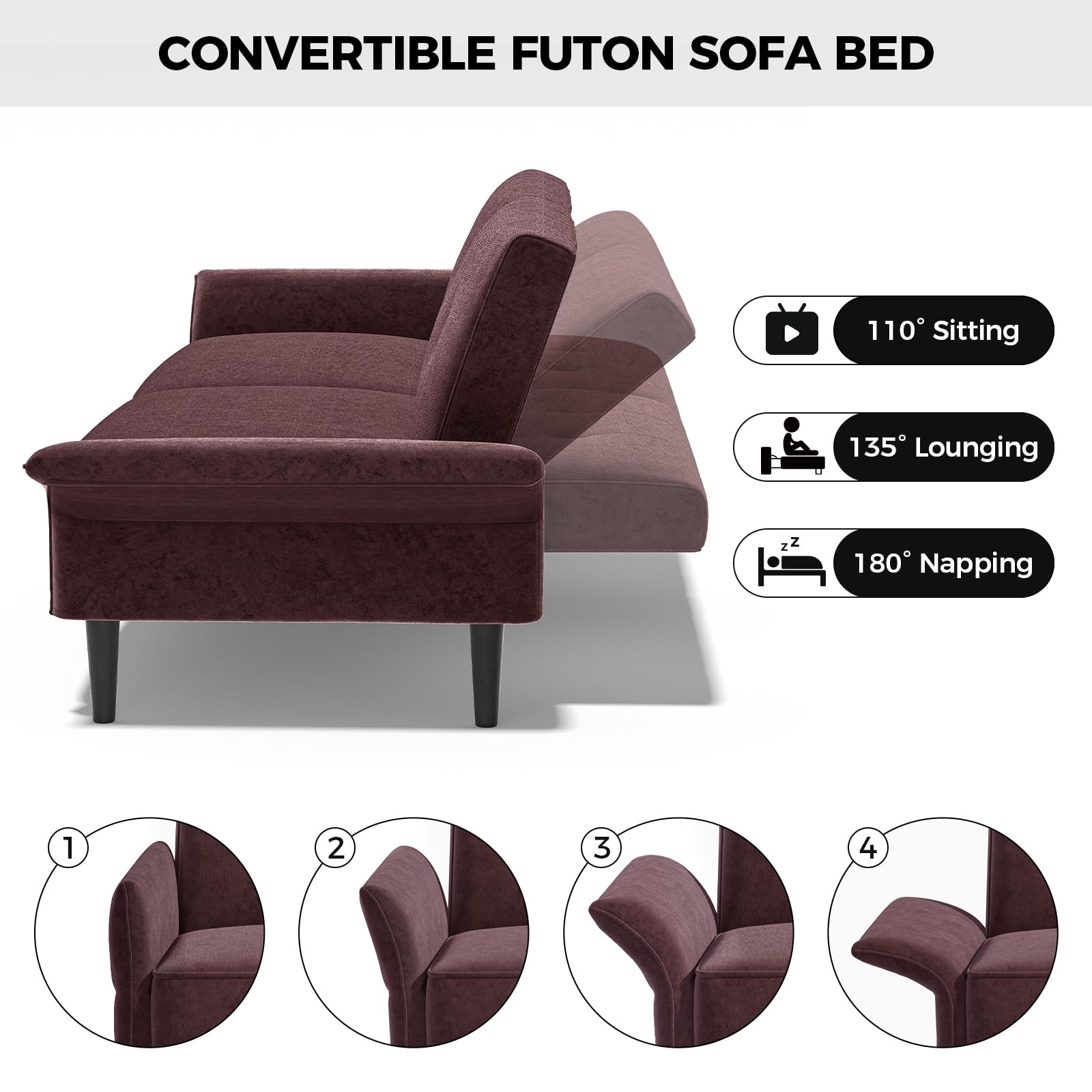 Convertible Futon Sofa Bed with Adjustable Backrest and Armrests