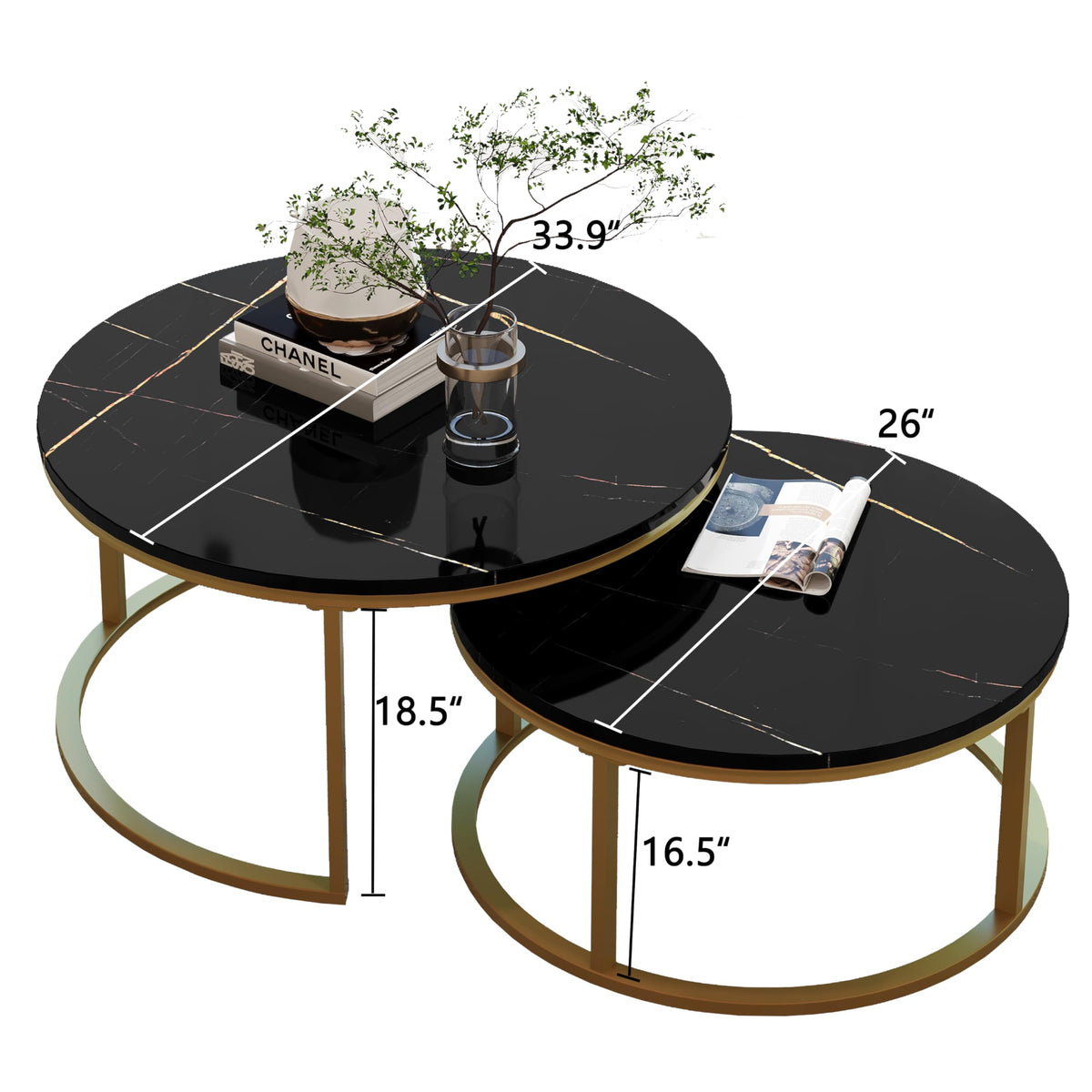 Round Nesting Coffee Tables Set of 2 - Gold Frame with Black Marble Top